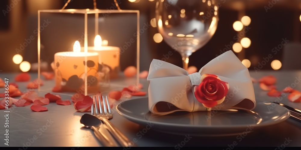 elegant and romantic dining table concept with candles in a restaurant. Romantic dinner setting with candles on top and a scattering of roses on the table. Generative AI
