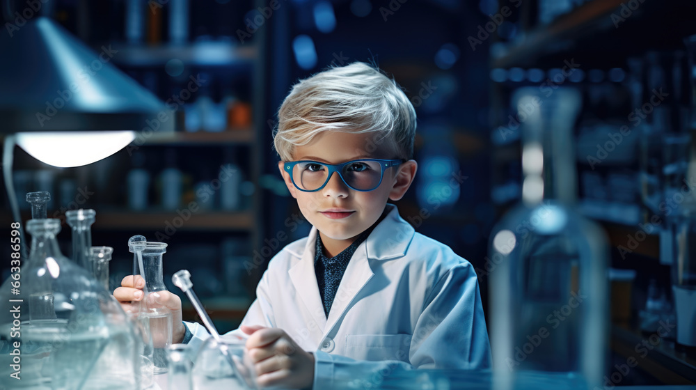 Little boy portrays a scientist in a classroom or lab. Little boy portrays a scientist in a classroom or lab.