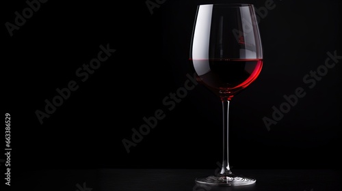  a glass of red wine on a black table with a black background.  generative ai