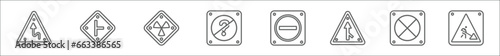 outline set of traffic signs line icons. linear vector icons such as curves, side road, nuclear, no doubt, no entry, merging, forbidden, road work