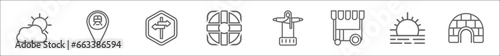 outline set of travel line icons. linear vector icons such as cloudy, station, , rubber, christ, food stand, sun, igloo