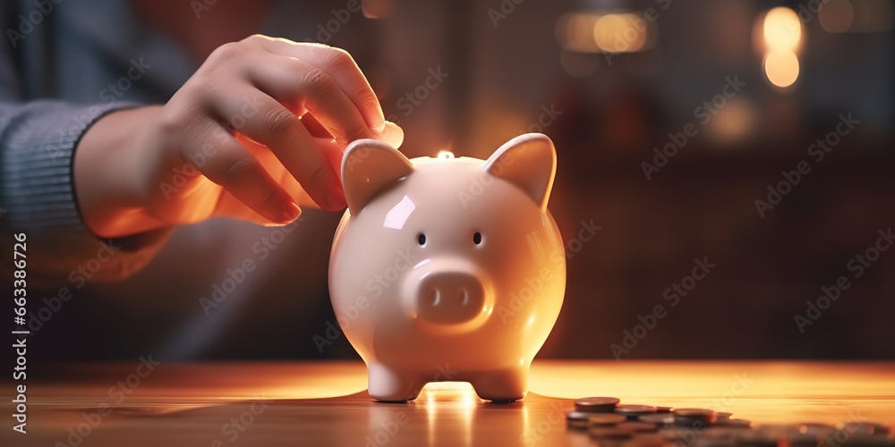 someone planning their financial future by saving money in a piggy bank combined with pile of coins. concept of financial stability, salary management, personal finance, investment. Generatiive AI - obrazy, fototapety, plakaty 