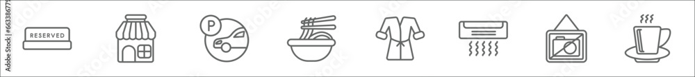 Naklejka premium outline set of hotel line icons. linear vector icons such as reserved, barbershop, parking, ramen, bathrobe, air conditioner, no pictures, coffee