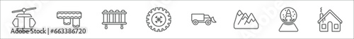 outline set of winter line icons. linear vector icons such as cable car cabin, winter scarf, heater, winter tire, snowplow, snowy mountain, snow globe, cabin