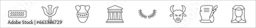 outline set of greece line icons. linear vector icons such as greek ornament, psi, amphora, parthenon, laurel, minotaur, letter quill, muse