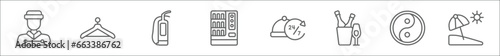 outline set of accommodation line icons. linear vector icons such as bellboy, hanger, fire extinguisher, vending hine, 24 service, champagne, yin yang, beach umbrella
