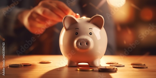 someone planning their financial future by saving money in a piggy bank combined with pile of coins. concept of financial stability, salary management, personal finance, investment. Generatiive AI