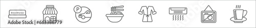 outline set of hotel line icons. linear vector icons such as reserved, barbershop, parking, ramen, bathrobe, air conditioner, no pictures, coffee