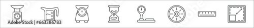 outline set of measurement line icons. linear vector icons such as kitchen scale, cup of water, shop scale, sand clock almost finish, industrial scale, round measurement, resize square