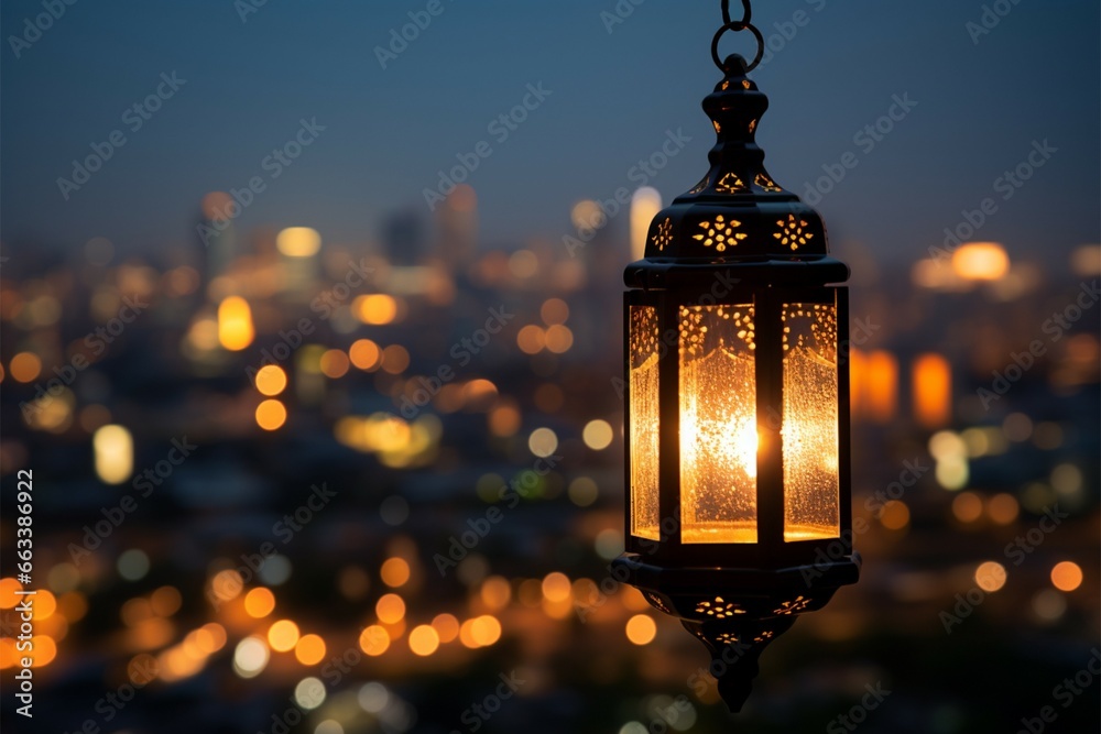 Ramadans glow Hanging lantern with city lights on night background