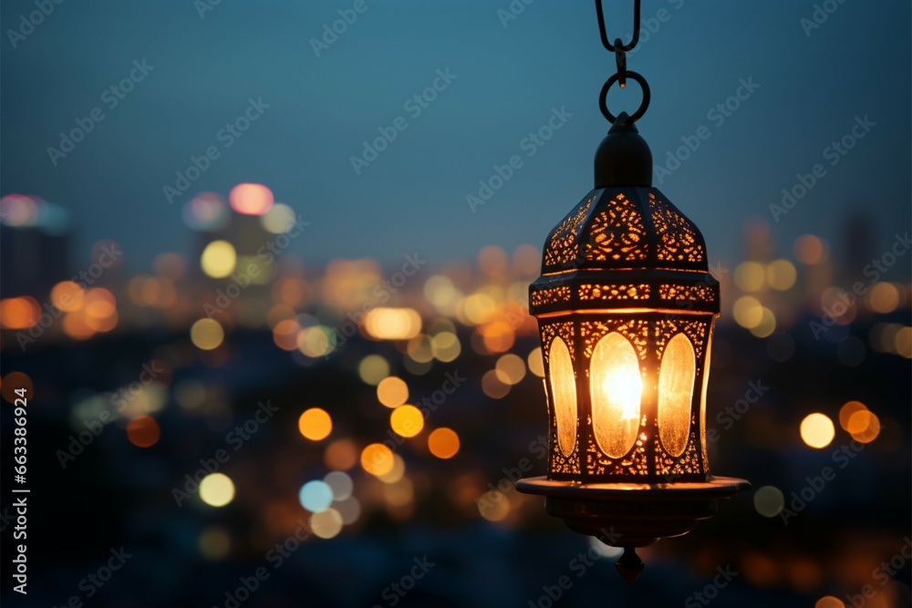 Ramadans glow Hanging lantern with city lights on night background