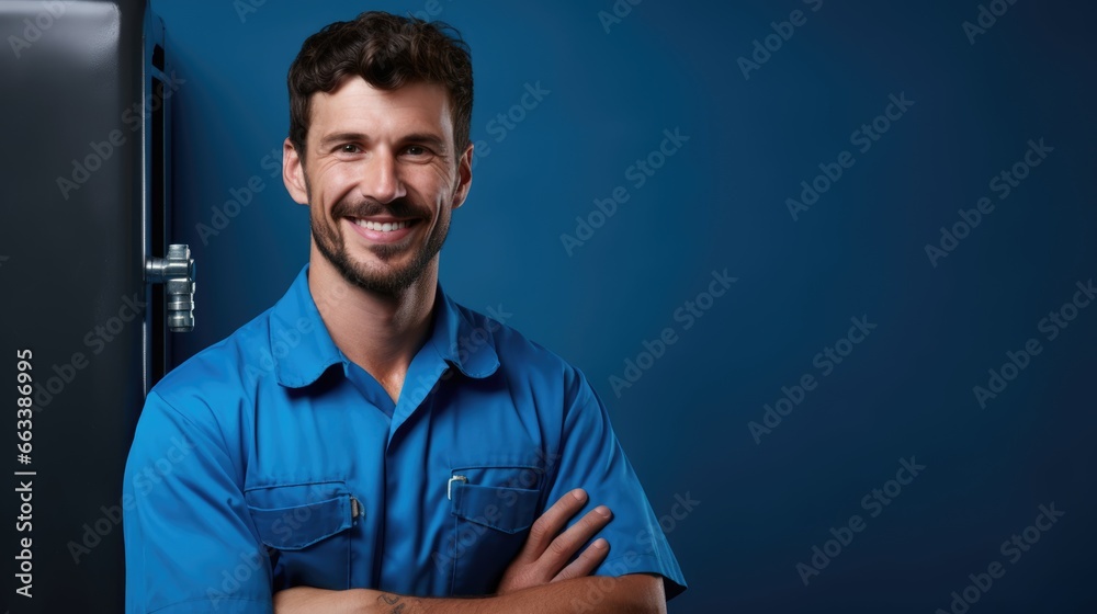 Smiling portrait of confident handsome male plumber, master in uniform Smiling portrait of confident handsome male plumber, master in uniform