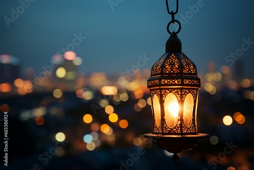 Ramadans glow Hanging lantern with city lights on night background