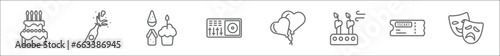 outline set of party line icons. linear vector icons such as birthday cake, opening champagne bottle, birthday wish, dj playing records, two heart shaped balloons, blowing candle, admission, theatre