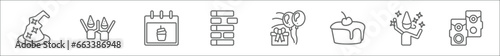outline set of party line icons. linear vector icons such as wizard hat, birthday friends, calendar with date, jenga, celebration, cupcake with big cherry, boy partying, big speaker