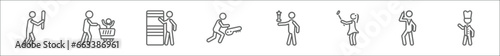 outline set of people line icons. linear vector icons such as man attacking, father and son shopping, knocking, the texas chain saw massacre, cinema award, woman taking a photo, elegant man talking