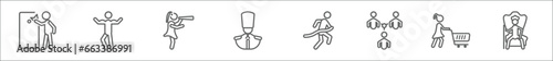 outline set of people line icons. linear vector icons such as man knocking a door, biceps of a man, woman looking by a spyglass, queens guard, running at finish line, complex, woman with shopping