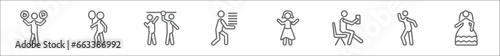outline set of people line icons. linear vector icons such as preference, boy with balloon, occupant, student books, getting dressed, sitting man drinking a soda, man hearing, bride avatar