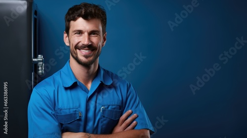 Smiling portrait of confident handsome male plumber, master in uniform photo