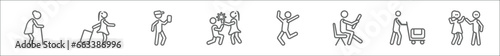 outline set of people line icons. linear vector icons such as old lady walking, woman carrying, ticket collector, boy giving flowers to his girlfriend, man celebrating, sitting man reading, worker photo