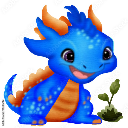 Cute blue dragon cartoon character, Vector  illustration drawings.