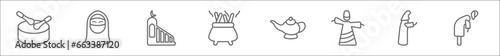 outline set of religion line icons. linear vector icons such as eyd drum, hijab veil, islamic minbar, incense burner, arabian magic lamp, sufi mystic, muslim woman praying, ruku posture photo