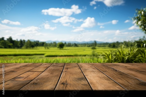 Rustic wooden floor meets vibrant rice fields and the open sky