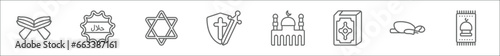 outline set of religion line icons. linear vector icons such as quran rehal, islamic halal, hebrew, crusade, islamic mosque, mushaf, salah, islamic praying carpet