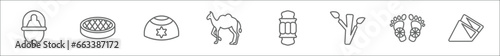 outline set of religion line icons. linear vector icons such as jewish incense, cake, kippah, dromedary, islamic lantern, bael tree, feet, captives to egypt
