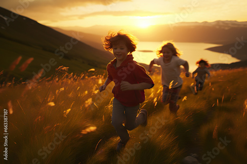 Sunset Sprint Energetic Kids Dash Through Green Mountains in a Backlit Blur of Adventure. created with Generative AI