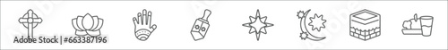 outline set of religion line icons. linear vector icons such as faith, lotus, henna painted hand, dreidel, holy star, crescent moon and star, kaaba mecca, diet
