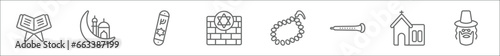 outline set of religion line icons. linear vector icons such as reading quran, islam, mezuzah, kotel, muslim tasbih, shehnai, temple, rabbi
