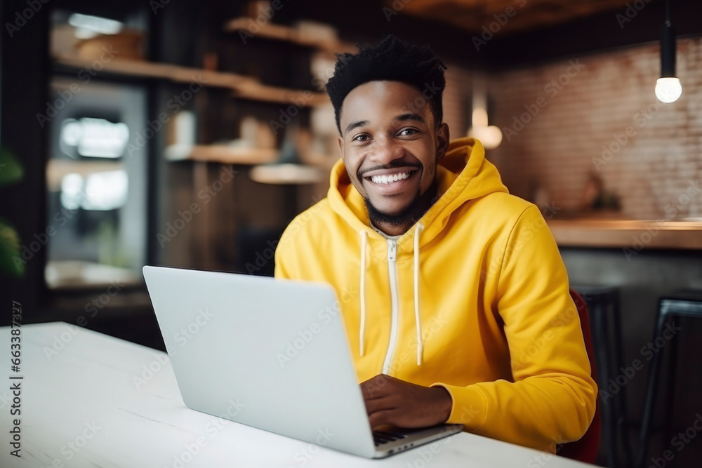 Portrait of dark-skinned African-American happy guy in yellow hoodie using laptop. Young male freelancer working with smile in modern office, coworking space, cafe. Student at online lectures Portrait of dark-skinned African-American happy guy in yellow hoodie using laptop. Young male freelancer working with smile in modern office, coworking space, cafe. Student at online lectures