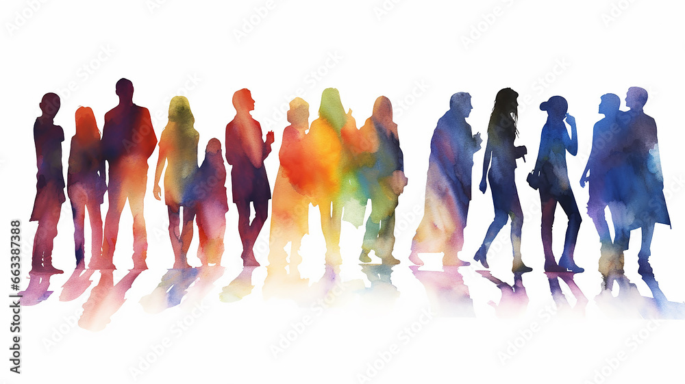 Obraz premium multicolored spectrum silhouettes of people on a white background watercolor.