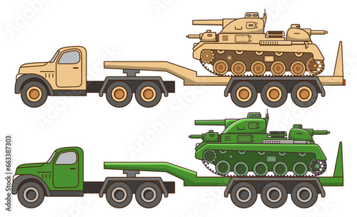 Army tank transporter tractor.Military vehicle with gun. Armored vehicle.Weapons for modern warfare.Military truck.Line art vector illustration.Isolated on white background.