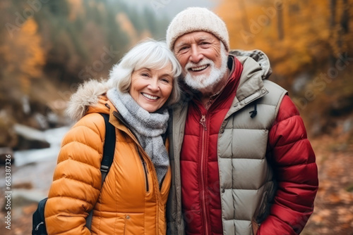 Couple of happy smiling pensioners outdoors in autumn forest, park. Gray-haired man and middle-aged woman are hugging and enjoying life. Concept of active elderly people, traveling