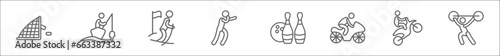 outline set of sports line icons. linear vector icons such as hockey goal, fisher fishing, slalom, man punching, equipment, motorbike riding, motocross, weight lifting