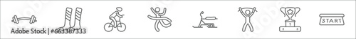 outline set of sports and competition line icons. linear vector icons such as dumbbell for training, long socks, bicycle rider, winning the race, skibob, exercise gym, podium with cup, starting line