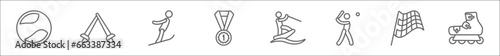 outline set of sports line icons. linear vector icons such as tennis sport ball, foil, jumping ski, golden medal, jet surfing, batter, chequered flag, roller skate