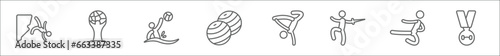 outline set of sports line icons. linear vector icons such as man falling off a precipice, world cup, waterpolo, gym ball, breakdance, oriental man with a sword, wushu, weight lifting medal