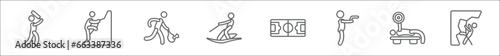 outline set of sports and competition line icons. linear vector icons such as bats man, adventure, man playing badminton, water ski, football pitch, starting gun, work bench, climber
