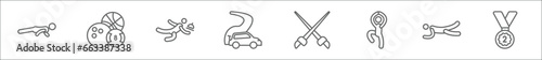outline set of sports line icons. linear vector icons such as man doing pushups, balls, waiter falling, motor sports, saber, dancer motion, excersice, second prize