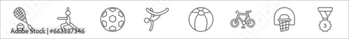 outline set of sports line icons. linear vector icons such as squash, stretching, soccer ball with pentagons, capoeira, football ball circular, race bike, basketball basket, third