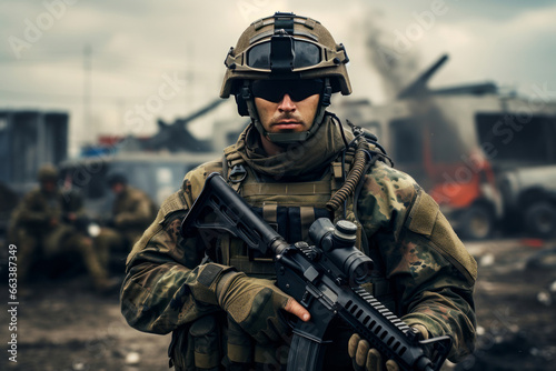 Soldier in tactical uniform in battle field