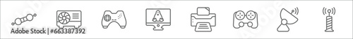 outline set of technology line icons. linear vector icons such as resistor, air cooler, sega gamepad, computer screen linux, printer tool, gamepad with cable, dish, media