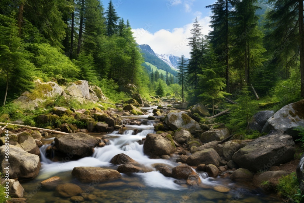 Scenic beauty Pine trees, green foliage, and a tiny waterfall