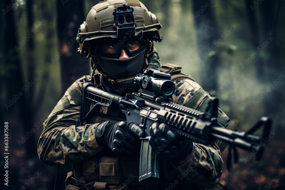 Soldier in tactical uniform in battle field