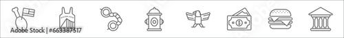 outline set of united states of america line icons. linear vector icons such as turkey leg, golden state, slavery in the united states, fire hydrant, eagle, usa, burger, government