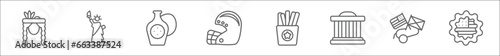 outline set of united states line icons. linear vector icons such as indian, statue of liberty, baste, rugby helmet, french fries, democracy, american civil war, sticker