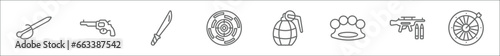 outline set of weapons line icons. linear vector icons such as sabre, revolvers, samurai, shooting target, burst, brass knuckles, boards, dart board game